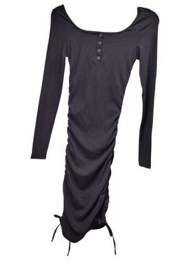 Women Ribbed Ruched Long Sleeve Bodycon Midi Dress in Black  X-Small Stretch